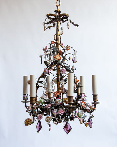 Vintage Collection image 1 of a French Polychrome Flower and Bow Crystal Chandelier antique in a Original Antique Finish finish.