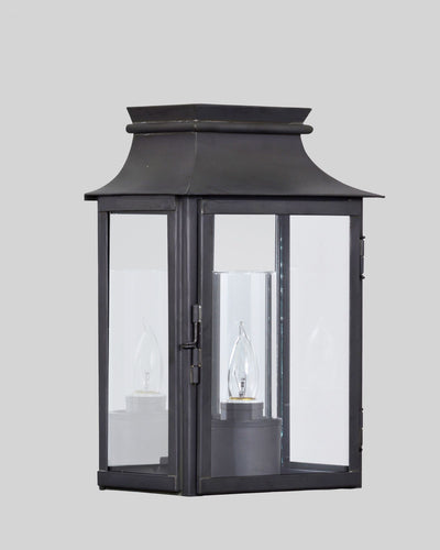 Scofield Lighting Collection image 1 of a French Station Exterior Wall Lantern Medium made-to-order.  Shown in Bronzed Copper with straight chimney and plate mirror.