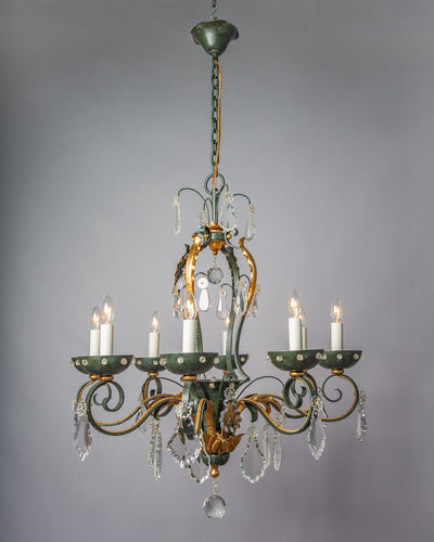 Vintage Collection image 1 of a Gold Leaf and Enameled Crystal Dressed Chandelier antique.