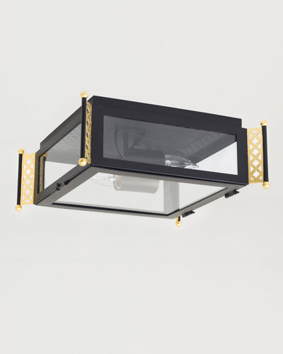 Scofield Lighting Collection image 1 of a Greenwich Flush Mount Small made-to-order.  Shown in Black Lacquer with Clear Glass and Yellow Gold Leaf detail.