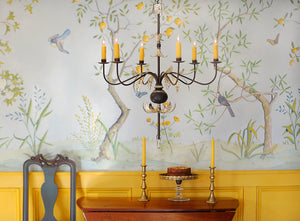 An aged tin chandelier with gently sweeping s-curved arms extending from a turned wood ball body. Shown with hand-applied 23K gold leaf on the cut leaves. 