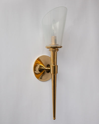 Remains Lighting Co. Collection image 1 of a Macci Sconce with Torch Glass made-to-order.  Shown in Polished Brass.
