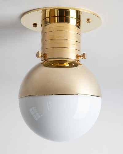 Commune Collection image 1 of a Mini Globe Flush Mount with Shade made-to-order.  Shown in Polished Brass with 90 Degree Half Shade.