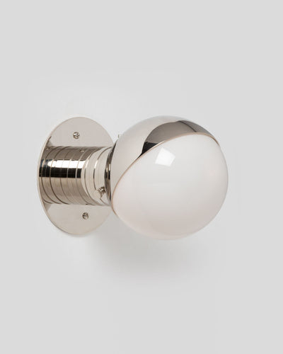 Commune Collection image 1 of a Mini Globe Sconce with Shade made-to-order.  Shown in Polished Nickel with 45 Degree Half Shade.