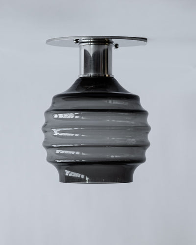 Remains Lighting Co. Collection image 1 of a Molecule Flush Mount with Beehive Glass made-to-order.  Shown in Burnished Nickel with Dusk glass.