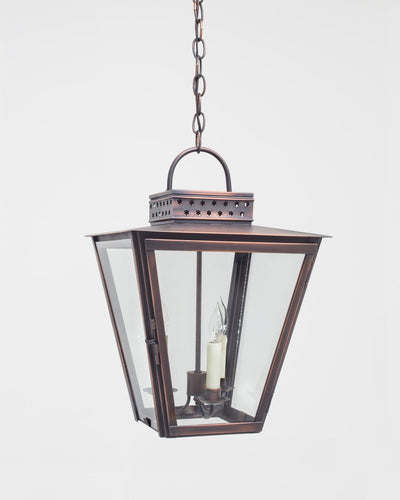 Scofield Lighting Collection image 1 of a Mystic Hanging Lantern Small made-to-order.  Medium size shown in Brushed Bronzed Copper. Small size has a single Edison socket..