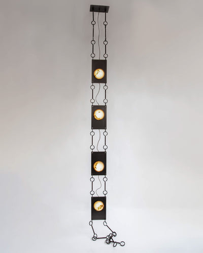 M.Fisher Collection image 1 of a Nima Drop Chandelier made-to-order.  Shown in Oil Rubbed Bronze with Brown leather wrap and fabric wire.