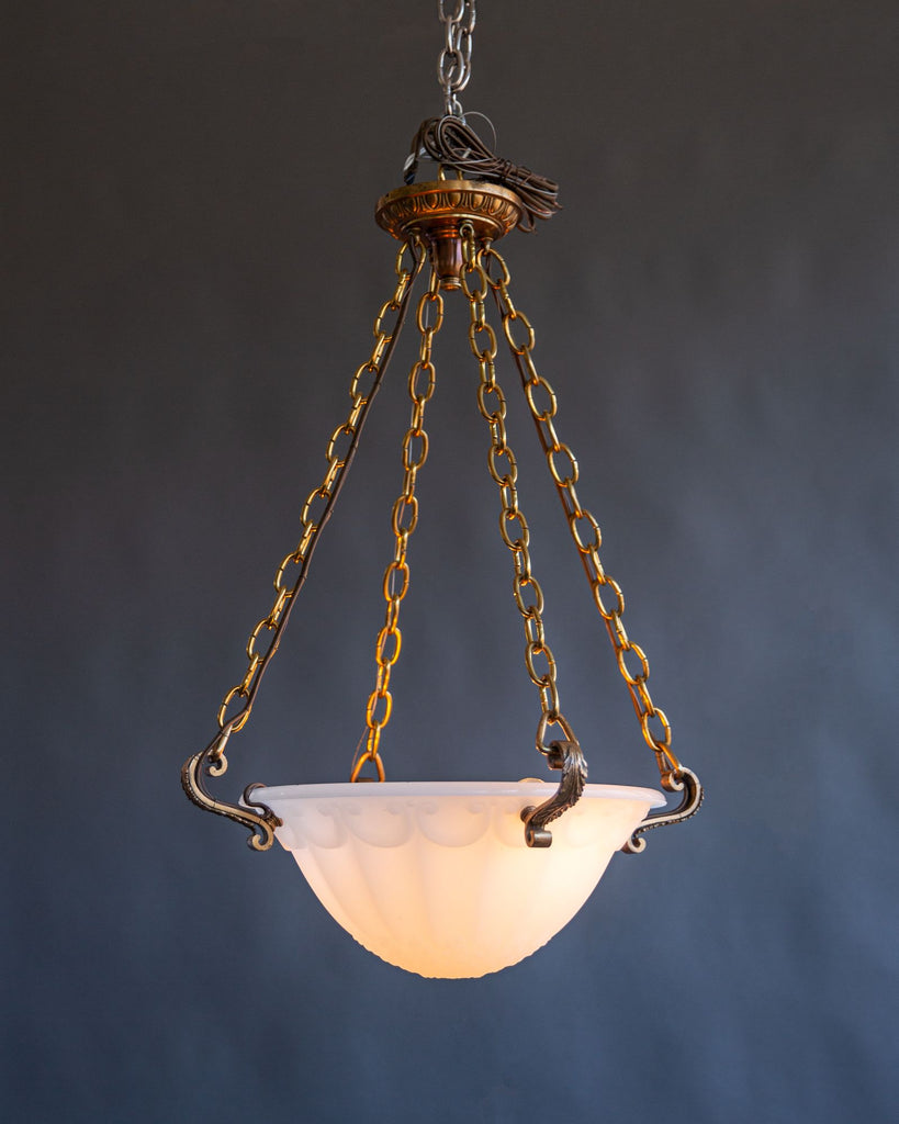 Opaline Glass and Leafy Bronze Chandelier