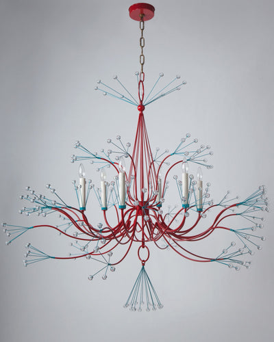 Tony Duquette Collection image 1 of a Splashing Water 54 Chandelier made-to-order.  Show in custom red and teal paint with Antique Brass chain.