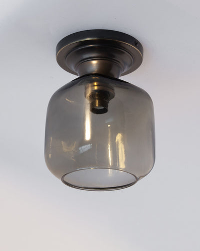 Remains Lighting Co. Collection image 1 of a Thelonius Flush Mount with Ice Cube Glass made-to-order.  Shown in Oil Rubbed Bronze with Dusk glass.
