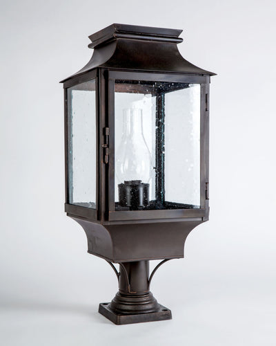 Scofield Lighting Collection image 1 of a Thomaston Station Exterior Post Lantern Large made-to-order.  Shown in Bronzed Copper with optional Seeded glass, Bronze Pier Mount bracket and Curved chimney..