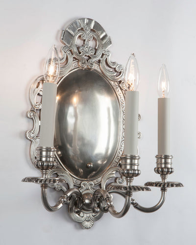 Vintage Collection image 1 of a pair of Three Arm Silverplate Jacobean Sconce antique.