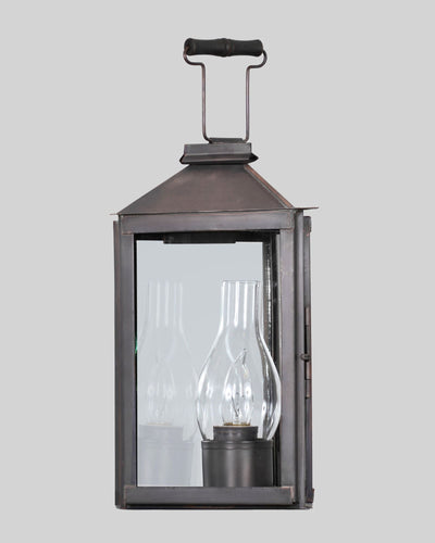 Scofield Lighting Collection image 1 of a Three Cornered Exterior Wall Lantern made-to-order.  Shown in Bronzed Copper with Plate mirror.