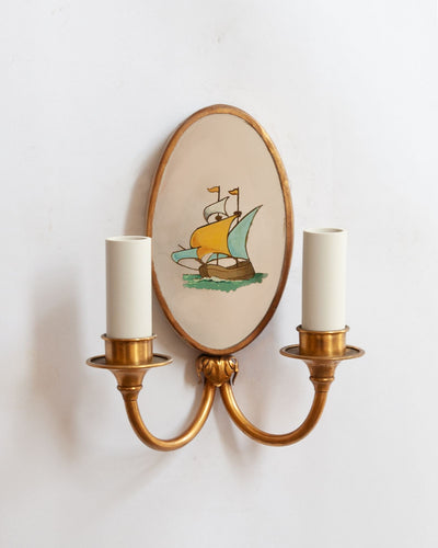 Vintage Collection image 1 of a pair of Two Arm Sconces with Sailing Ship Backplates antique in a Original Antique Finish finish.