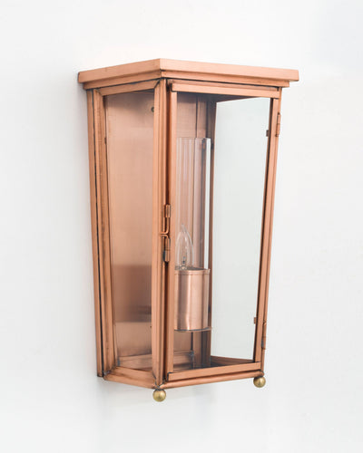 Scofield Lighting Collection image 1 of a Waterbury Exterior Wall Lantern Small made-to-order.  Shown in Natural Copper with Clear Glass and Straight Chimney.