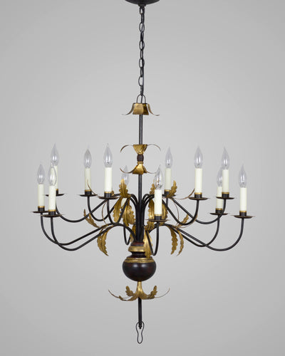 Scofield Lighting Collection image 1 of a Acanthus Leaf Double Tier Chandelier made-to-order.  Shown in Aged Tin and Black with Yellow Gold Leaf.