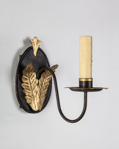 Scofield Lighting Collection image 1 of a Acanthus Leaf Sconce made-to-order.  Shown in Aged Tin with Natural Beeswax Drip Candlesleeve and Yellow Gold Leaf.