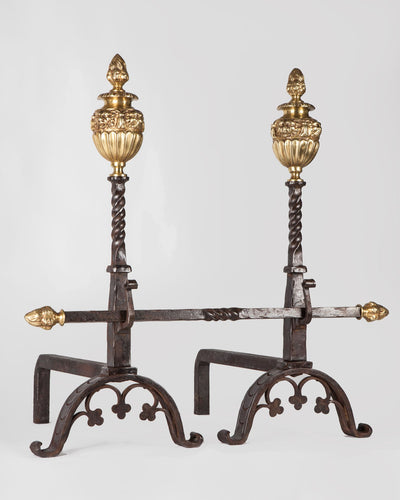 Vintage Collection image 1 of a pair of Andirons with Brass Finials and Wrought Iron Bar antique.