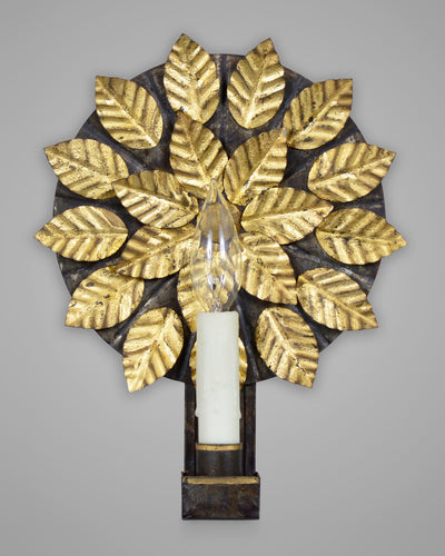 Scofield Lighting Collection image 1 of a Beech Leaf Sconce made-to-order.  Shown in Aged Tin with yellow leaf.