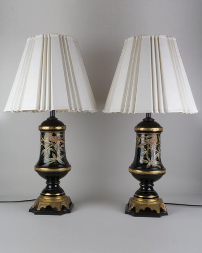 Vintage Collection image 1 of a pair of Black Ceramic Lamps with Bird and Flower Motif antique.