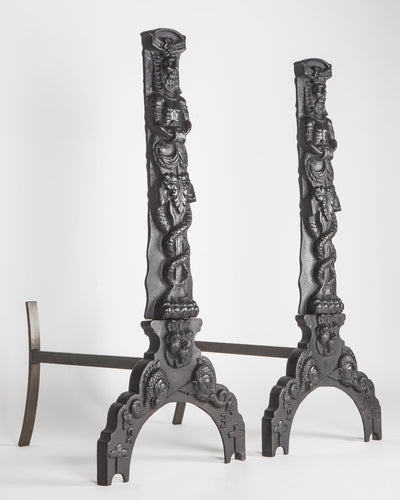Vintage Collection image 1 of a pair of Blackened Iron Figural Andirons antique.
