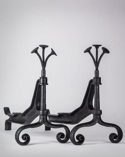 Vintage Collection image 1 of a pair of Blackened Iron Folk Art Andirons antique in a Original Brushed Iron finish.