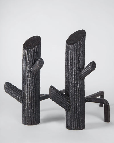 Vintage Collection image 1 of a pair of Blackened Steel Tree Trunk Log Andirons antique in a Darkened Steel finish.