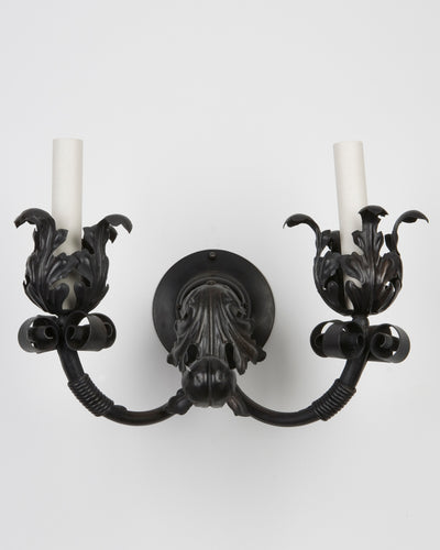 Vintage Collection image 1 of a pair of Blackened Wrought Iron Sconces with Foliate Details antique.
