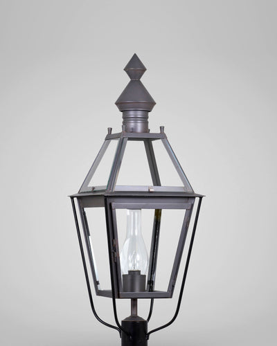 Scofield Lighting Collection image 1 of a Boston Exterior Post Lantern Small made-to-order.  Shown in Bronzed Copper with clear glass.