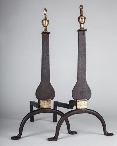Vintage Collection image 1 of a pair of Brass and Iron Knife Blade Andirons antique in a Original Antique Finish finish.