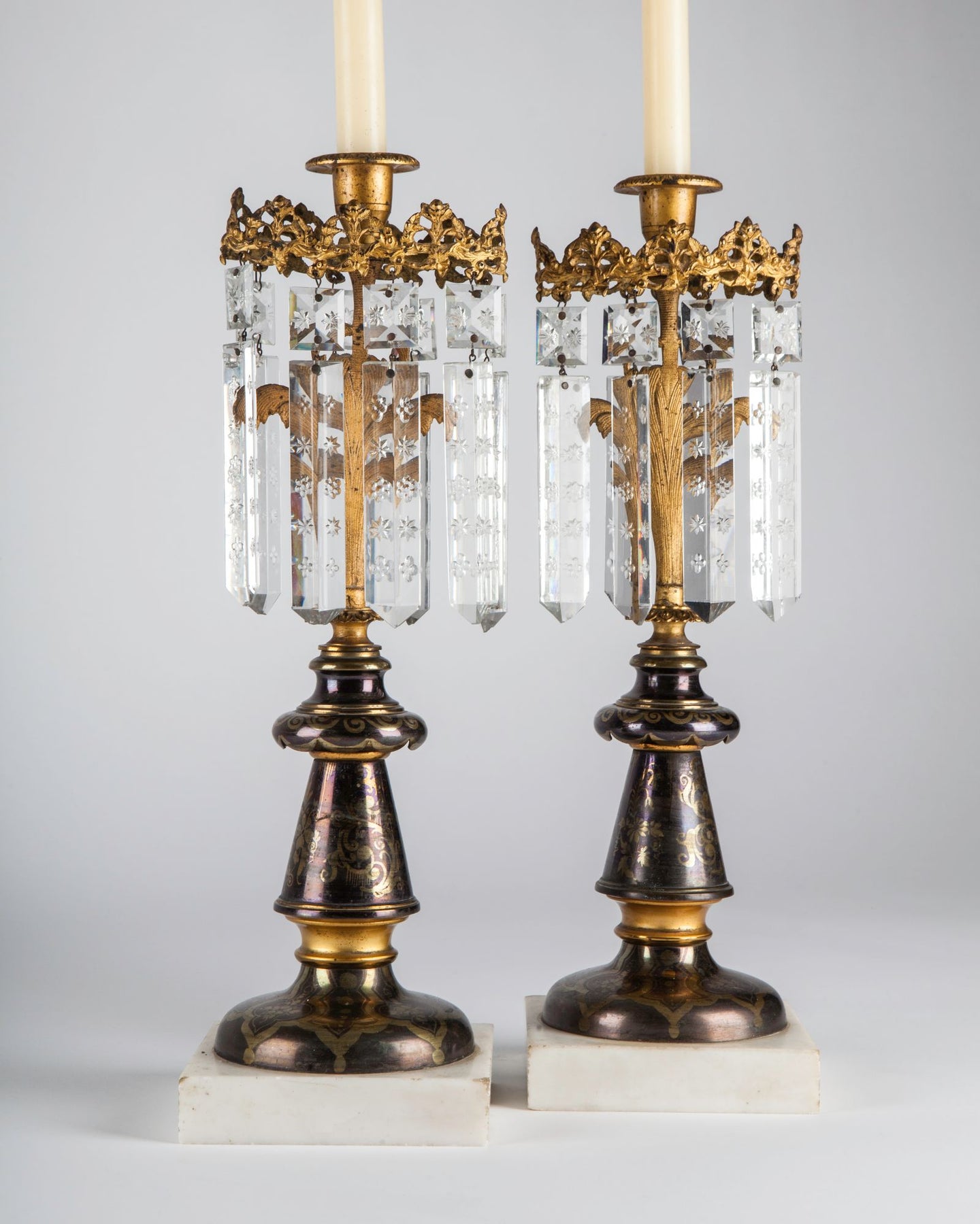 Antique Brass Girandole Two-Candle Candelabra Crystal Prisms Marble Base x2