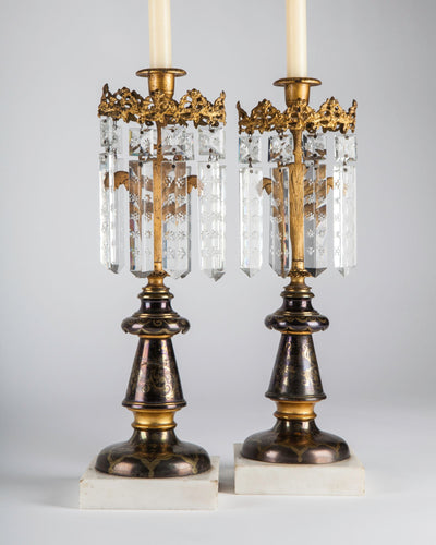 Vintage Collection image 1 of a pair of Brass and Marble Candelabra with Crystal Prisms antique in a Original Aged Silver and Brass finish.