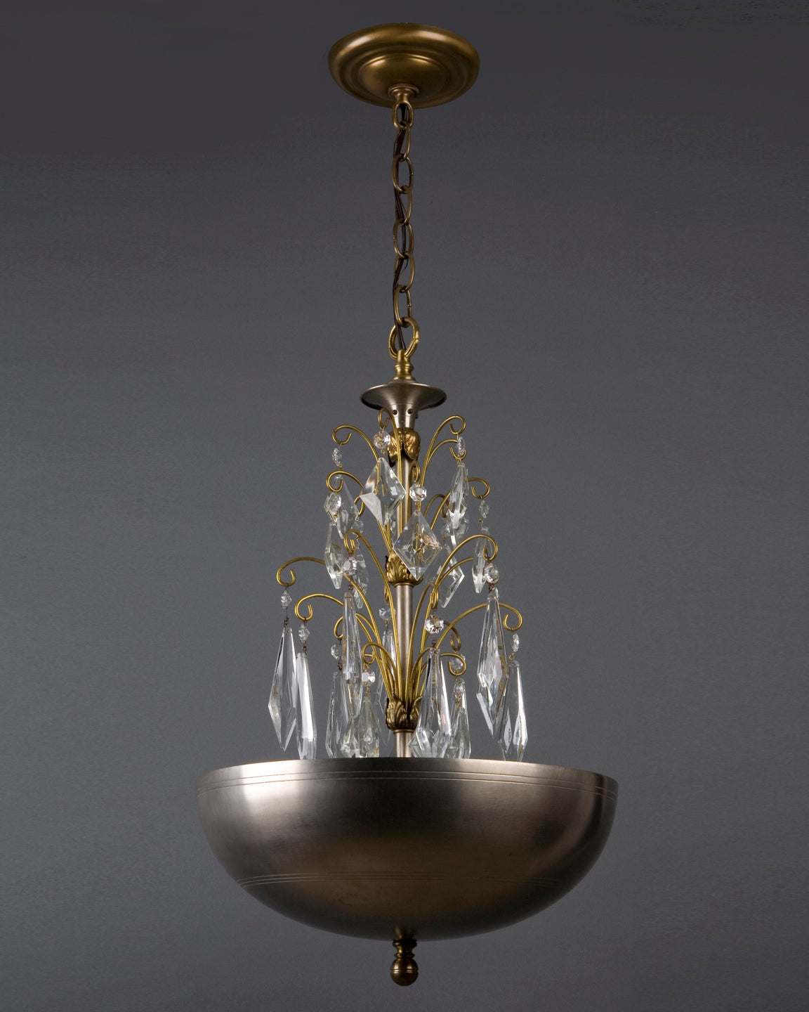 Brass and Nickel Uplight Dome Chandelier with Crystal Prisms
