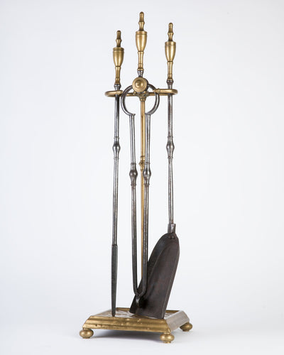 Vintage Collection image 1 of a Brass and Polished Steel Fireplace Tools with Caddy antique.