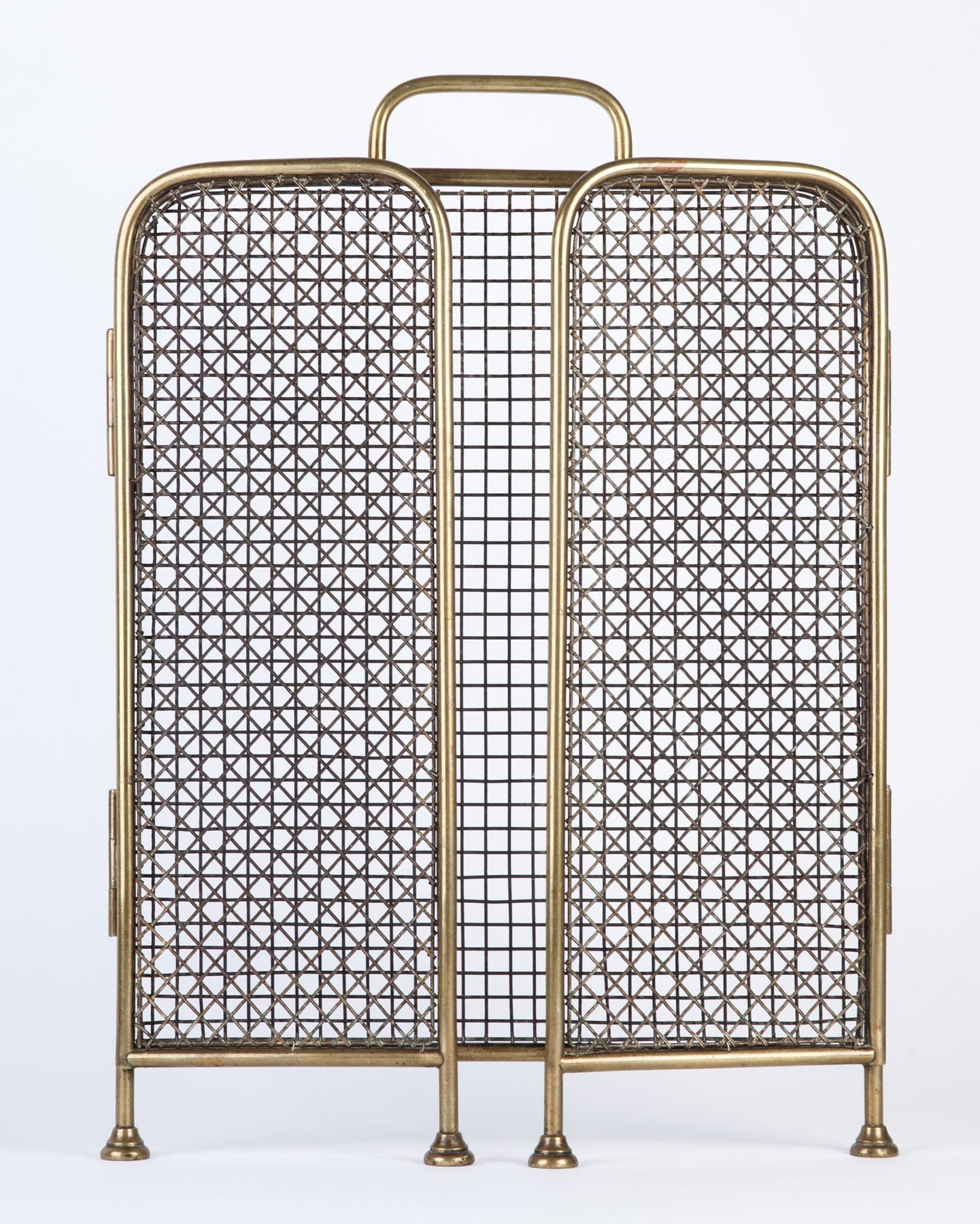 Brass Folding Fire Screen with Three Woven Wire Panels