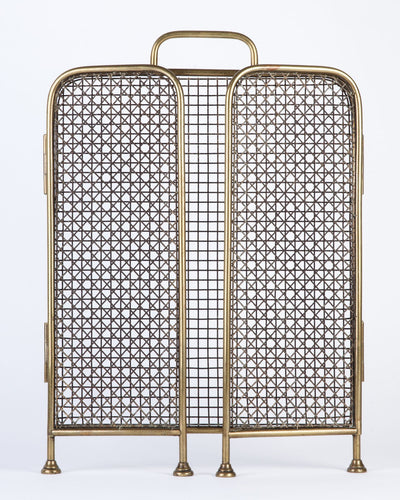 Vintage Collection image 1 of a Brass Folding Fire Screen with Three Woven Wire Panels antique.
