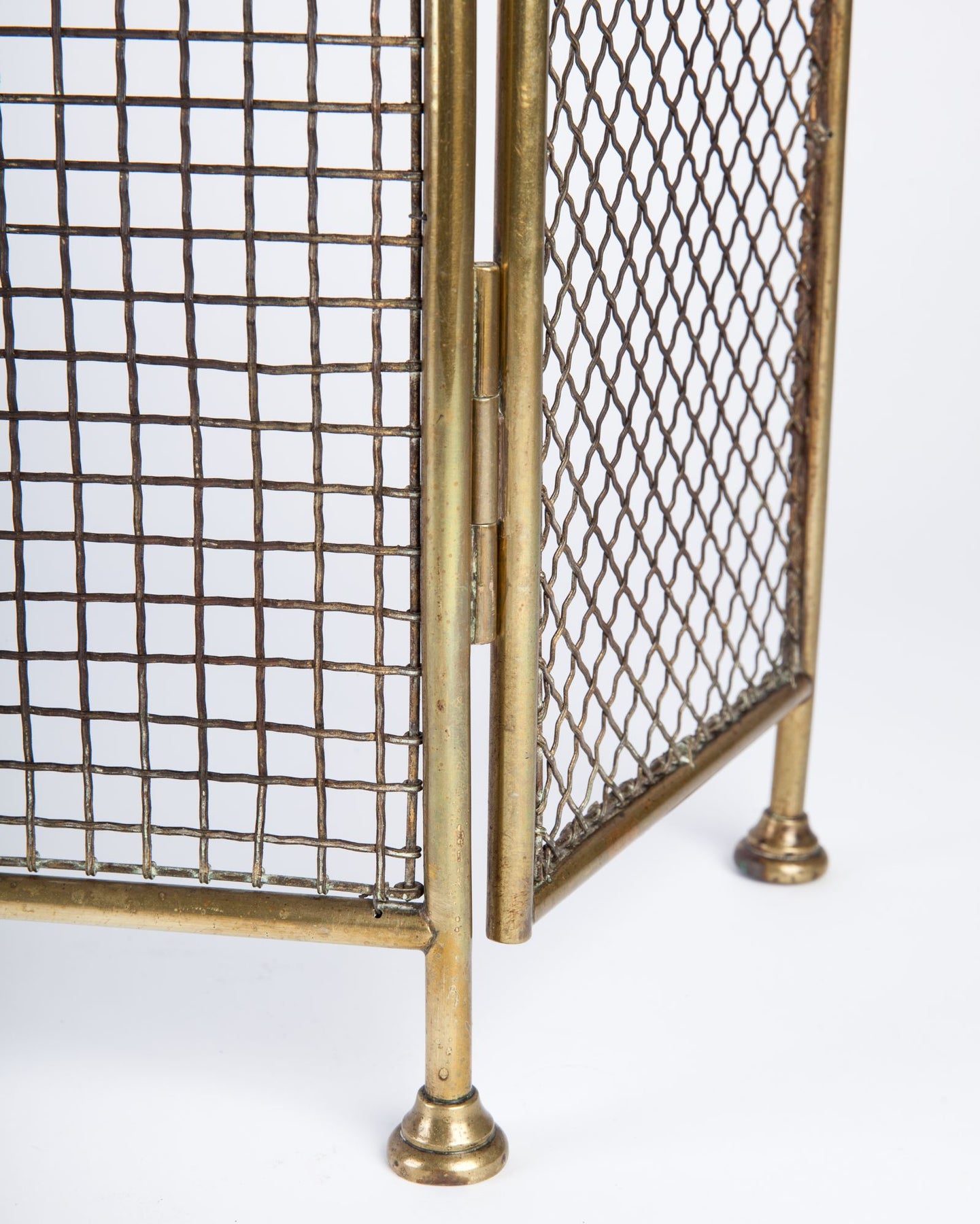 Brass Folding Fire Screen with Three Woven Wire Panels