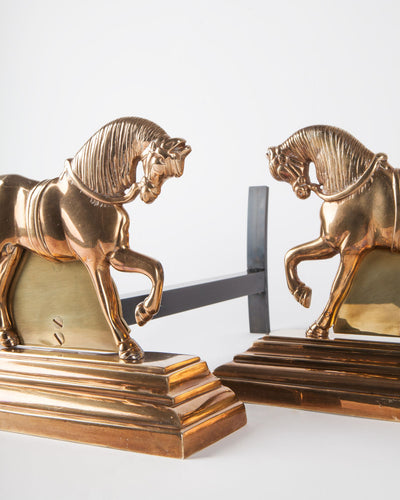 Vintage Collection image 1 of a pair of Brass Horse Andirons antique.