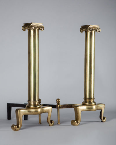 Vintage Collection image 1 of a pair of Brass Ionic Column Andirons with Scroll Feet antique in a Existing Finish: Restore at Factory finish.