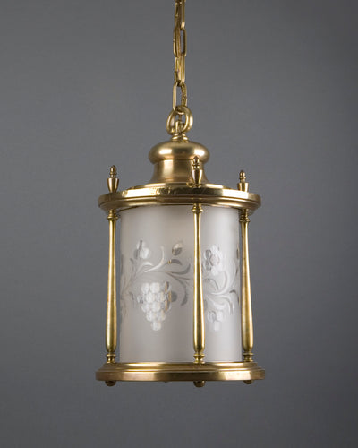Vintage Collection image 1 of a Brass Lantern with Wheel Cut Frosted Glass Cylinder antique.