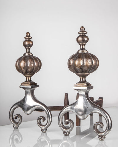 Vintage Collection image 1 of a pair of Bronze and Aged Chrome Andirons antique.