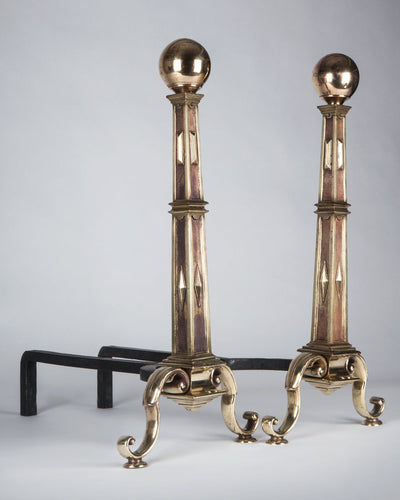 Vintage Collection image 1 of a pair of Bronze Andirons with Square Columns and Ball Finials antique in a Polished Bronze finish.