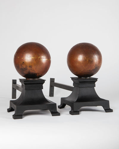 Vintage Collection image 1 of a pair of Bronze Cannonball Andirons with Cast Iron Bases antique in a Original Antique Finish finish.