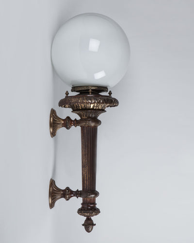 Vintage Collection image 1 of a pair of Bronze Exterior Wall Lights with Opal Glass Globes antique.