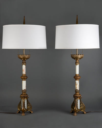 Vintage Collection image 1 of a pair of Bronze Lamps with Onyx Columns antique.