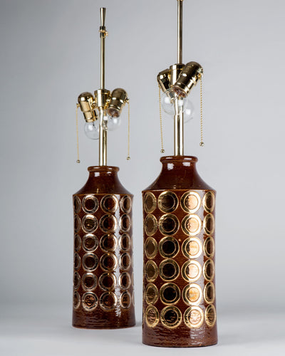 Vintage Collection image 1 of a pair of Brown and Gold Glazed Ceramic Lamps by Bitossi antique.