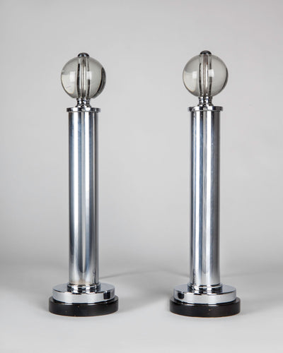 Vintage Collection image 1 of a pair of Chrome Cylinder Andirons with Deco Glass Ball Finials antique in a Original Polished Chrome finish.