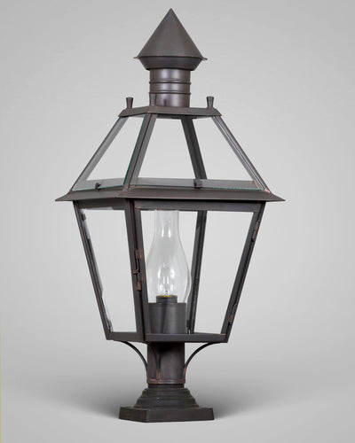 Scofield Lighting Collection image 1 of a Classic Exterior Post Lantern Large made-to-order.  Shown in Bronzed Copper with optional bronze pier mounted bracket.