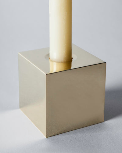 Remains Lighting Co. Collection image 1 of a Cube Candlestick made-to-order.  Shown in Polished Brass.