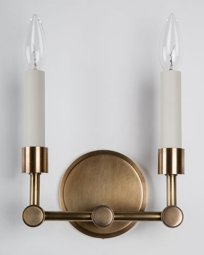 Remains Lighting Co. Collection image 1 of a Dornier Twin Sconce made-to-order.  Shown in Antique Brass.